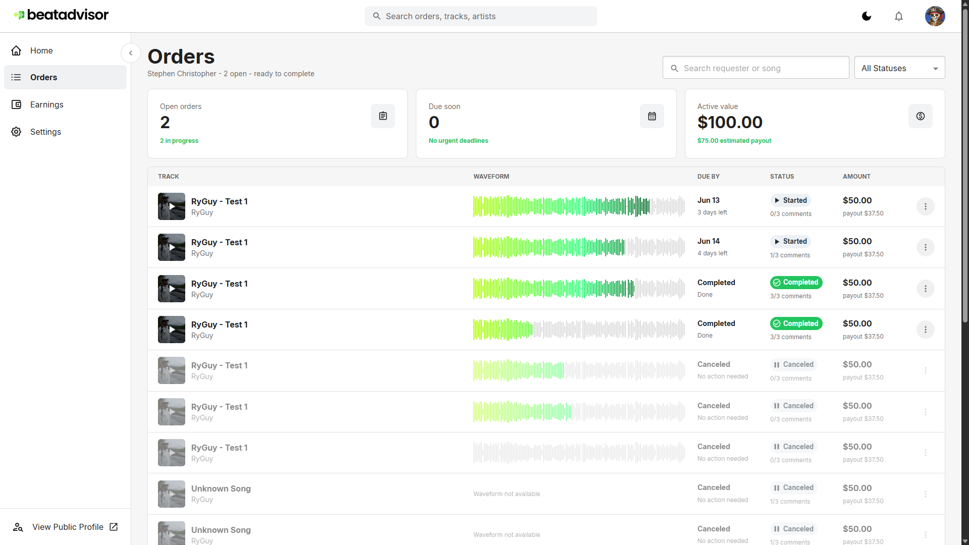 BeatAdvisor artist orders dashboard